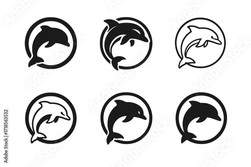 Dolphin Logo Variations. Fauna protection. Set Logo of Fauna protection: dolphin jumping through circle. harmonious logo variations of the same emblematic