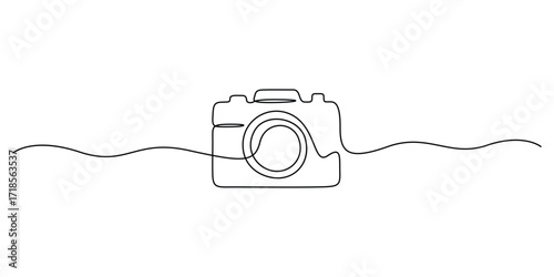 Continuous one line drawing of a professional camera. Camera icon. Minimalist contour vector illustration