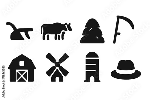 Feudal Agriculture Icons. Solid, filled icon set of feudal agriculture: plow, oxen, haystack, scythe, barn, windmill, grain silo, farmer?s hat. Solid, filled