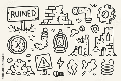 Rusted City Ruins. Hand-drawn doodle illustration Rusted city ruins [broken sign, crumbling wall, rusted pipe, gear, broken clock, lantern, tower remains,