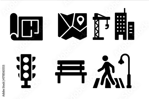 Urban Planning Icons. Solid, filled icon set of urban project planning: blueprint, city map, construction crane, skyscraper, traffic light, park bench,