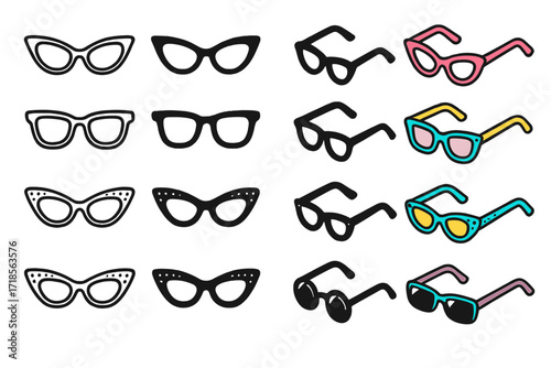 Retro Eyewear Icon Set. Icon Set of 1950s Eyewear Style: Cat-Eye Glasses, Thick Browline Frames, Rhinestone Specs. Icons set in vector style, emblematic