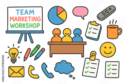 Creative Team Workshop. Colorful Hand-drawn doodle Children illustration Team Marketing Workshop board, pie chart, speech bubble, presentation clicker, coffee