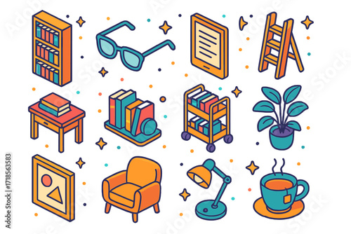 Modern Home Library Icons. Colorful isometric vector icons set of Modern Home Library: tall bookshelf, reading glasses, tablet e-reader, wooden ladder, desk