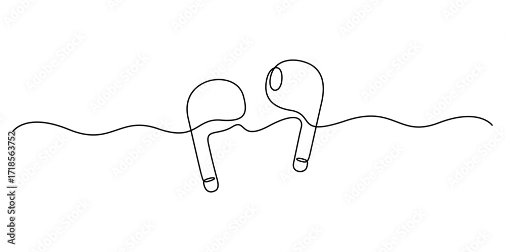 Fototapeta premium Continuous one line drawing of a wireless vacuum headphones. Single line art wireless earphones icon. One line Ear buds icon. Vector illustration