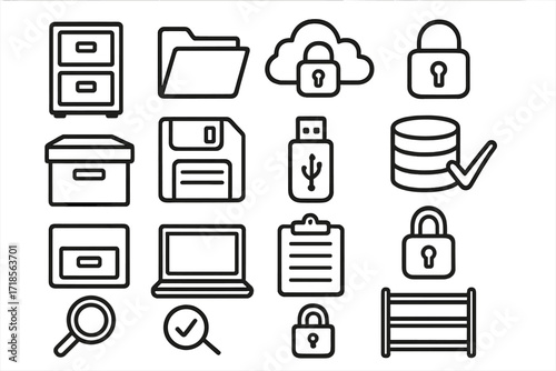 Digital Storage Icons. Hand-drawn doodle illustration project archiving file cabinet, folder, cloud storage, lock icon, archive box, floppy disk, USB drive,