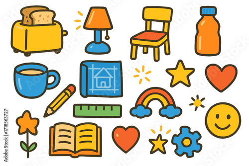 Colorful Everyday Doodles. Colorful Hand-drawn doodle Children illustration Everyday Object Design [toaster, lamp, chair, bottle, cup, blueprint, pencil,
