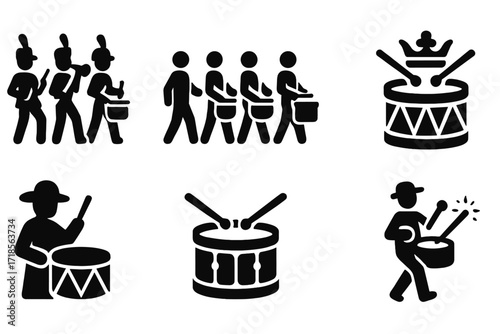 Drum Icon Collection. Solid, filled icon set of marching drum history and culture: military band, parade, historical drum, ceremonial drum, folk music,