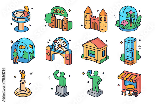 Colorful Tourist Icon Set. Colorful isometric vector icons set of Tourist Hotspots and Attractions: observation deck, zoo entrance, historic castle, botanical