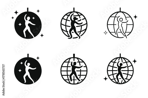 Dance Logo Variations. Dance. Set Logo of Dance: Disco ball. harmonious logo variations of the same emblematic concept, each with different artistic