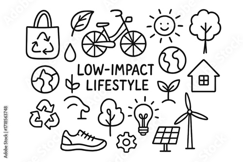Sustainable Living Icons. Hand-drawn doodle illustration Low-impact lifestyle bicycle, eco bag, water droplet, leaf, sun, tree, globe, recycle symbol, sprout,