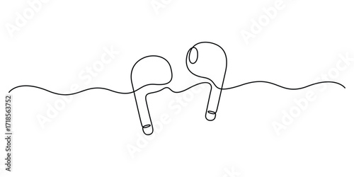Continuous one line drawing of a wireless vacuum headphones. Single line art wireless earphones icon. One line Ear buds icon. Vector illustration