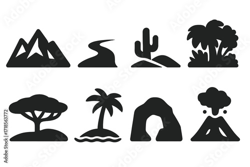 Ethnic Geography Icons. Solid, filled icon set of ethnic geography: mountain range, river, desert, jungle, savanna, island, cave, volcano. Solid, filled icons