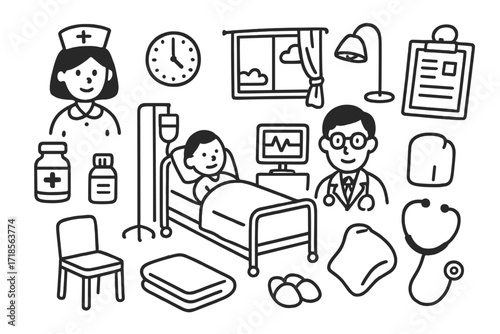 Hospital Care Doodle. Hand-drawn doodle illustration Patient observation hospital bed, IV drip, nurse, doctor, heart monitor, medicine bottle, chart,