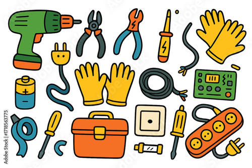 Electrician Tools Doodle. Colorful Hand-drawn doodle Children illustration Electrician tools power drill, wire cutter, voltage tester, plug, cable, gloves,