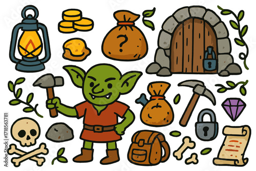 Goblin Cave Adventure. Colorful Hand-drawn doodle Children illustration Goblin cave lantern, goblin, coins, treasure bag, wooden door, hammer, glowing eyes,