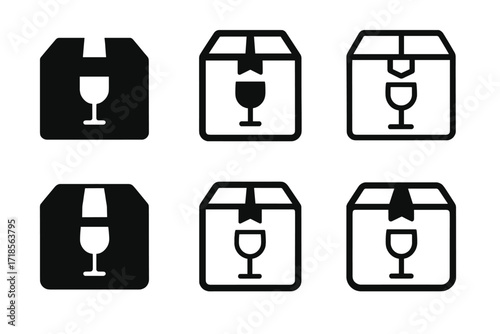 E-commerce Logo Variations. E-commerce packaging station. Set Logo of e-commerce packaging station: sealed box with fragile symbol. harmonious logo variations