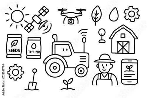 Smart Farming Icons. Hand-drawn doodle illustration smart farming robot tractor, satellite, drone, seed packet, fertilizer bag, sun, leaf, droplet, gear,