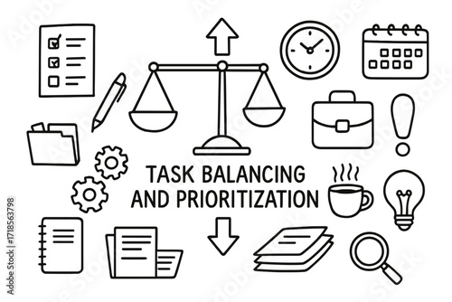 Task Management Doodles. Hand-drawn doodle illustration Task balancing and prioritization [scales, checklist, notebook, pen, arrows, clock, calendar, gears,