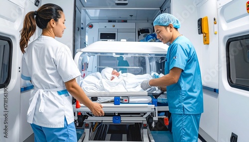 Pediatric critical care transport team loading neonatal incubator into specialized ambulance interfacility transfer