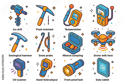 Exploration Tools Icons. Colorful isometric vector icons set of Tools for cold-region exploration: ice drill, frost-resistant pickaxe, temperature meter,