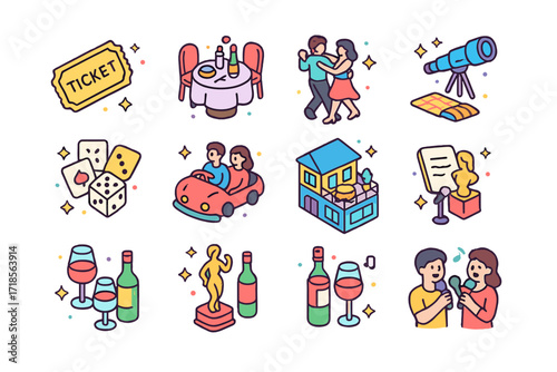 Date Night Icons. Colorful isometric vector icons set of date night ideas: movie night ticket, romantic dinner table, dancing couple, stargazing setup, game
