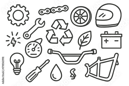 Motorcycle Parts Doodle. Hand-drawn doodle illustration Recycling and reusing motorcycle parts [gear, chain, wheel, helmet, wrench, battery, eco