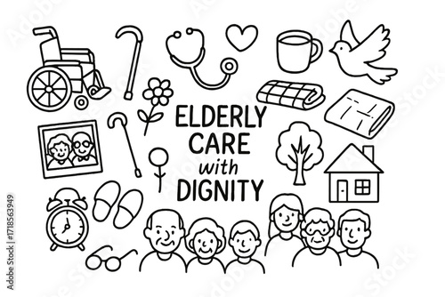 Elderly Care Symbols. Hand-drawn doodle illustration elderly care with dignity wheelchair, cane, stethoscope, heart, blanket, cup, photo, flower, clock,