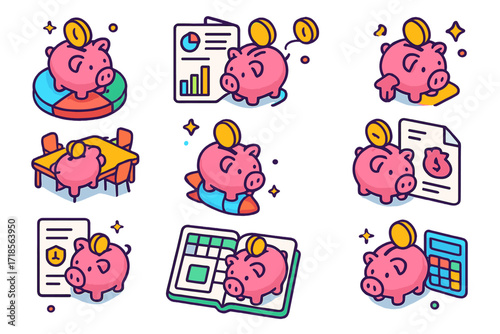 Colorful Piggy Bank Icons. Colorful isometric vector icons set of piggy banks in business and finance: piggy on pie chart, financial report with piggy, bar