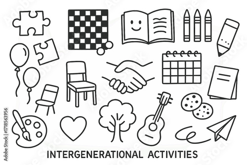 Intergenerational Fun Icons. Hand-drawn doodle illustration Intergenerational Activities puzzle pieces, game boards, storybooks, crayons, sketchpads, musical
