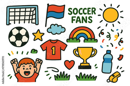 Soccer Celebration Doodles. Colorful Hand-drawn doodle Children illustration Soccer Fans [soccer net, soccer ball, flag, jersey, star, rainbow, sun, cloud,