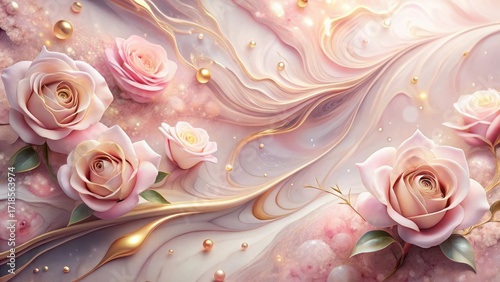 Elegant Pink Roses Adorned with Golden Accents on a Swirling Marble Background