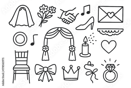Wedding Elements Doodle. Hand-drawn doodle illustration traditional wedding ceremonies veil, flowers, joined hands, ring, music note, bride's shoe, gift