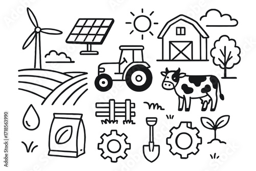 Future Farm Illustration. Hand-drawn doodle illustration farmland future wind turbine, solar panel, barn, tractor, plowed field, cow, tree, fence, droplet,