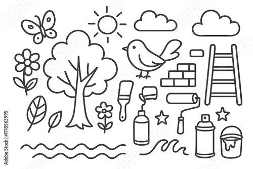 Nature Doodle Mural. Hand-drawn doodle illustration Nature-themed mural tree, flower, leaf, bird, butterfly, sun, cloud, wall, paintbrush, roller brush,