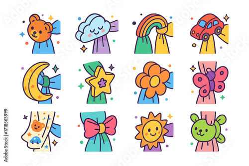 Children's Room Curtain Ties. Colorful isometric vector icons set of children?s room curtain ties: animal-shaped tieback, cloud clip, rainbow strap, car hook,