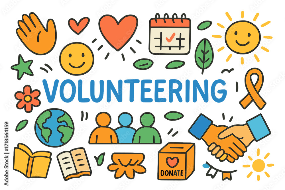 Fototapeta premium Volunteering Symbols. Volunteering. Colorful Hand-drawn doodle Children illustration helping hands, heart, smiley face, calendar, globe, leaf, flower, star,