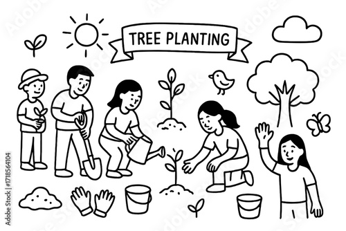 Tree Planting Doodle. Hand-drawn doodle illustration Tree planting campaign Group of people, sapling, shovel, watering can, soil, gloves, bucket, sun, cloud,