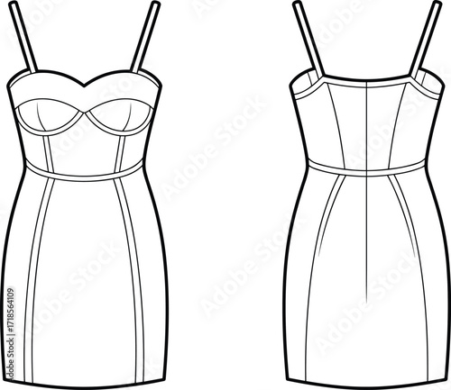 Fashion flat sketch, bodycon mini dress with spaghetti straps, fitted bustier dress template, apparel design illustration, stylish clothing technical drawing