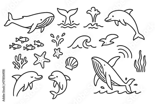 Whales and Dolphins Doodle. Hand-drawn doodle illustration [whales and dolphins] [humpback whale, dolphin, tail splash, water spout, ocean wave, fish school,