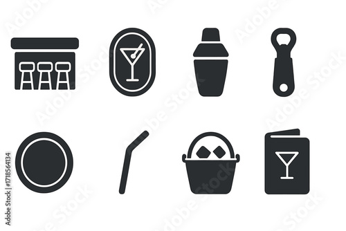 Happy Hour Icons. Solid, filled icon set of happy hour bar items: bar counter, neon sign, cocktail shaker, bottle opener, coaster, straw, ice bucket, drink