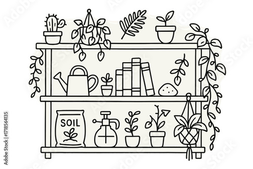 Bookshelf with Plants. Hand-drawn doodle illustration Bookshelf with plants [cactus, hanging plant, fern leaf, tiny pot, watering can, shelf edge, vines, plant