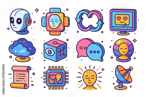 Colorful AI Icon Set. Colorful isometric vector icons set of conscious machines: sentient robot head, reflective AI core, self-awareness loop, learning emotion