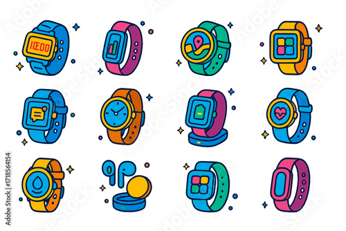 Colorful Smartwatch Icons. Smart watches. Colorful isometric vector icons set of smart watches: digital sports watch, fitness tracker, GPS smart watch,