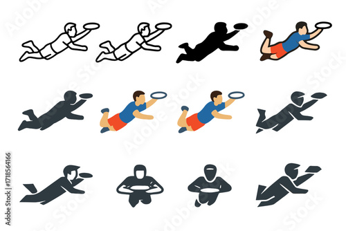 Ultimate Frisbee Logos. Set Logo of Fast-Paced Sports: ultimate frisbee diving catch. Logo set in vector style, emblematic variations. line, bold thick line,