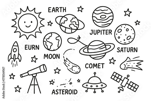 Solar System Doodle. Hand-drawn doodle illustration Solar system Sun, Earth, Moon, Mars, Jupiter, Saturn, asteroid, comet, rocket, telescope, satellite, UFO,