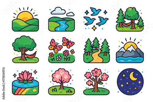 Nature Isometric Icons. Colorful isometric vector icons set of Nature and peaceful landscapes: sunrise over hills, tranquil river, birds in the sky, tree with