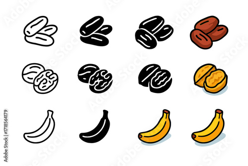 Energy Booster Icons. Icon Set of Energy Boosters: Dates, Walnuts, Banana. Icons set in vector style, emblematic variations. Dates line, Dates solid black