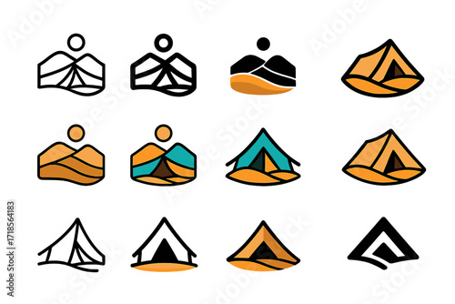 Desert Nomad Logo Collection. Set Logo of Desert Dunes: Nomad tent. Logo set in vector style, emblematic variations. line, bold thick line, solid black filled,