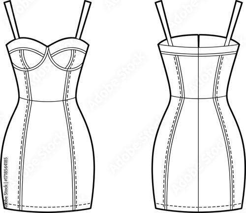 Fashion flat sketch, bodycon mini dress with bustier top, spaghetti straps, fitted clothing design template, stylish apparel illustration, technical drawing